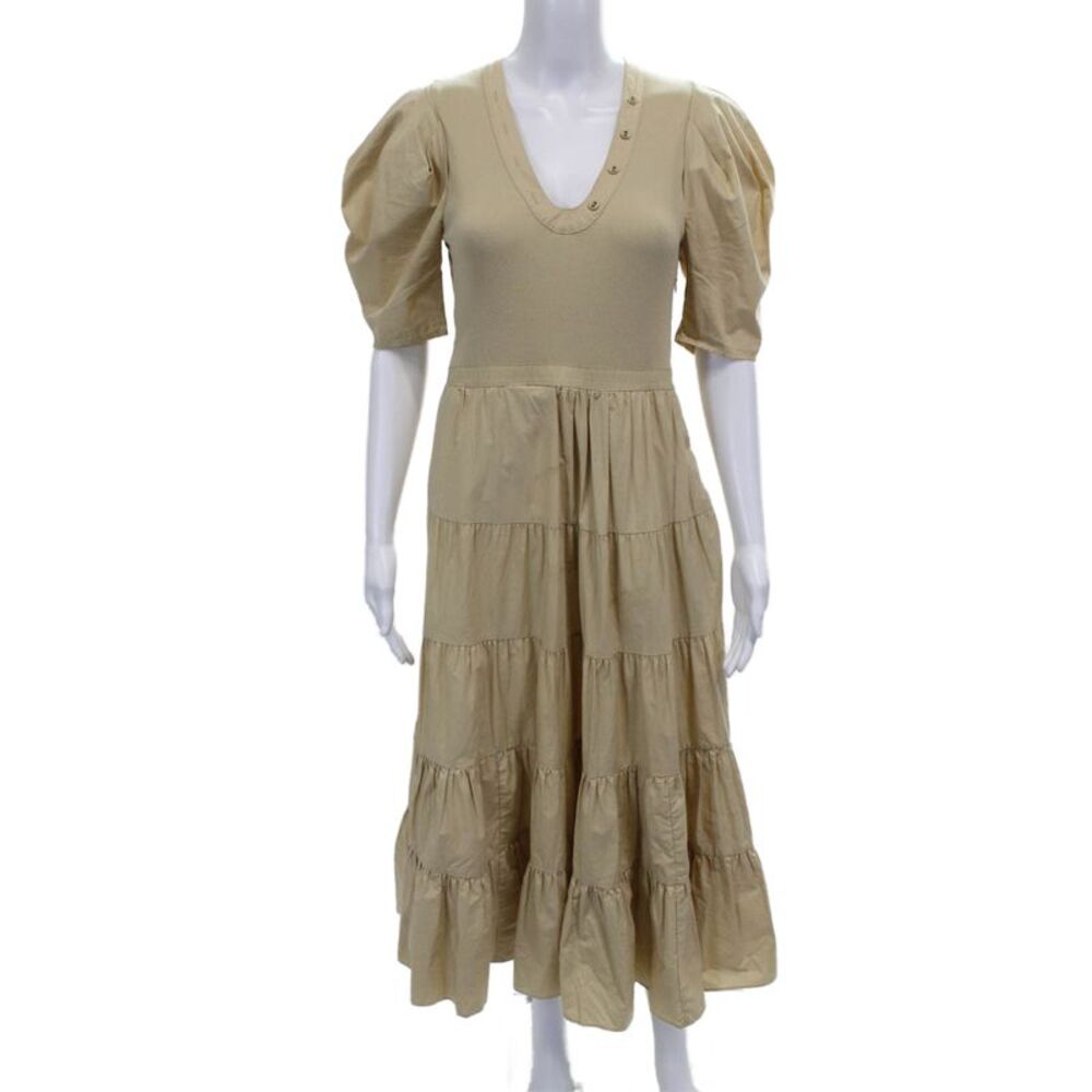 Ulla Johnson Womens Maxi Dress Beige V-Neck Half Sleeve Cotton Blend Zip Size S